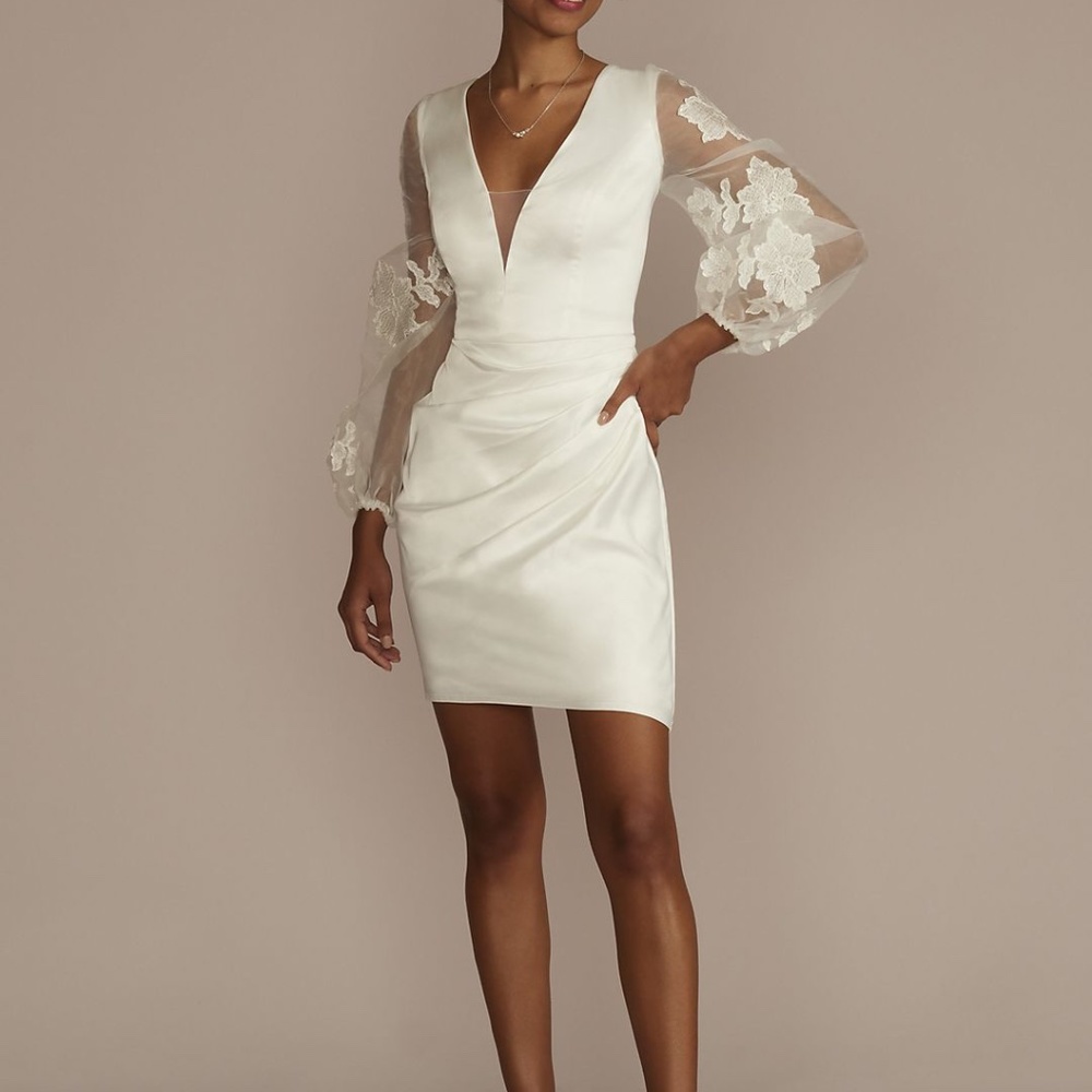 David's Bridal Floral Appliqué Long Sleeve Satin Mini Dress Size 10